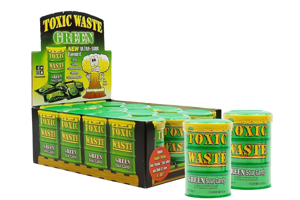Toxic Waste Green Sour Candy Drum espositore da banco da 12 fustini x 42g in vendita all’ingrosso su rigato.net