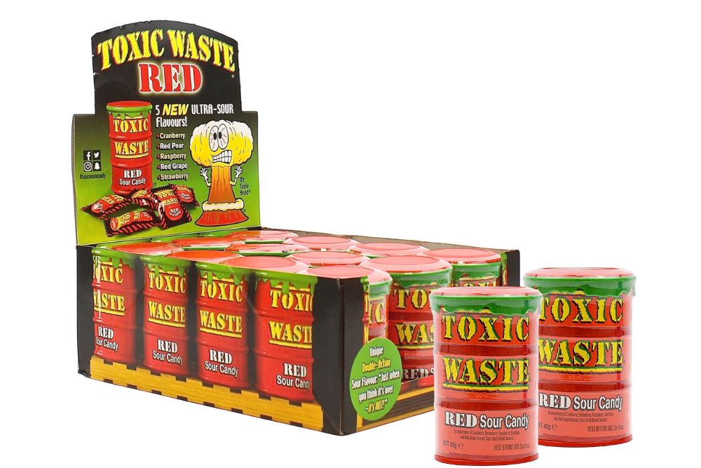 Toxic Waste Red Sour Candy Drum espositore da banco da 12 fustini x 42g in vendita all’ingrosso su rigato.net