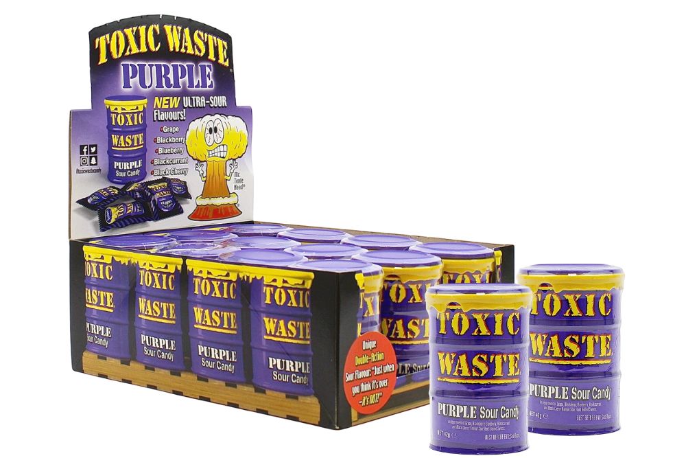 Toxic Waste Purple Sour Candy Drum espositore da banco da 12 fustini x 42g in vendita all’ingrosso su rigato.net