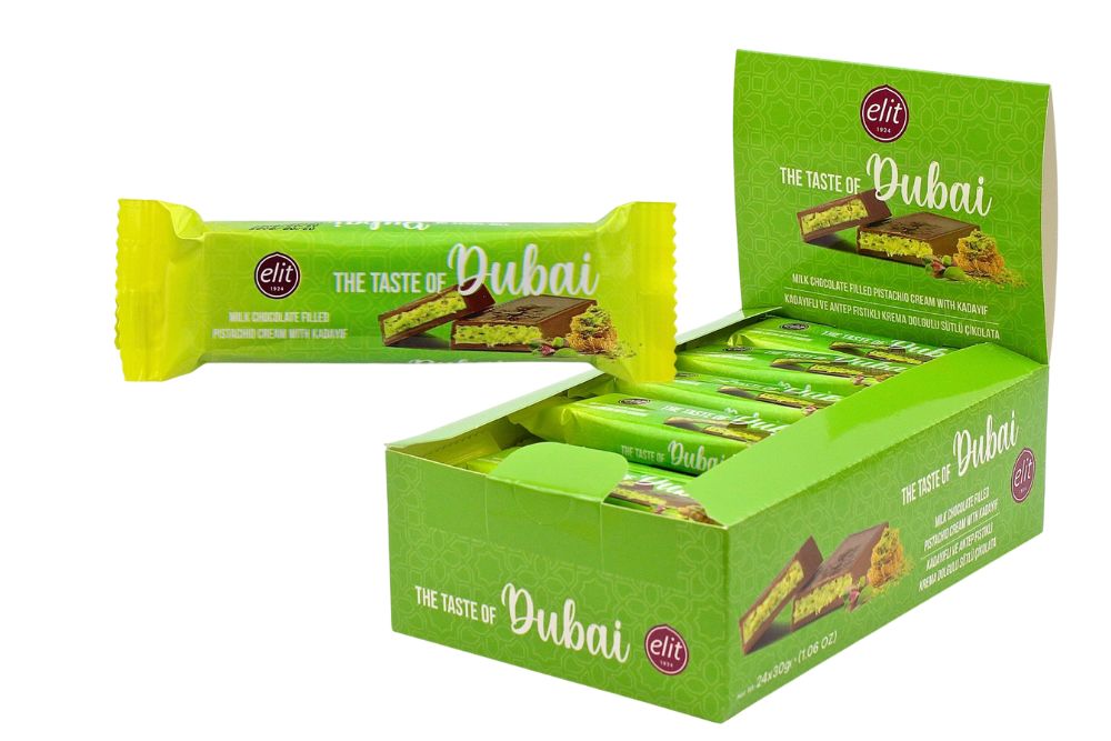 Elit Dubai Chocolate barretta 30g in espositore da banco da 24 pezzi in vendita all'ingrosso