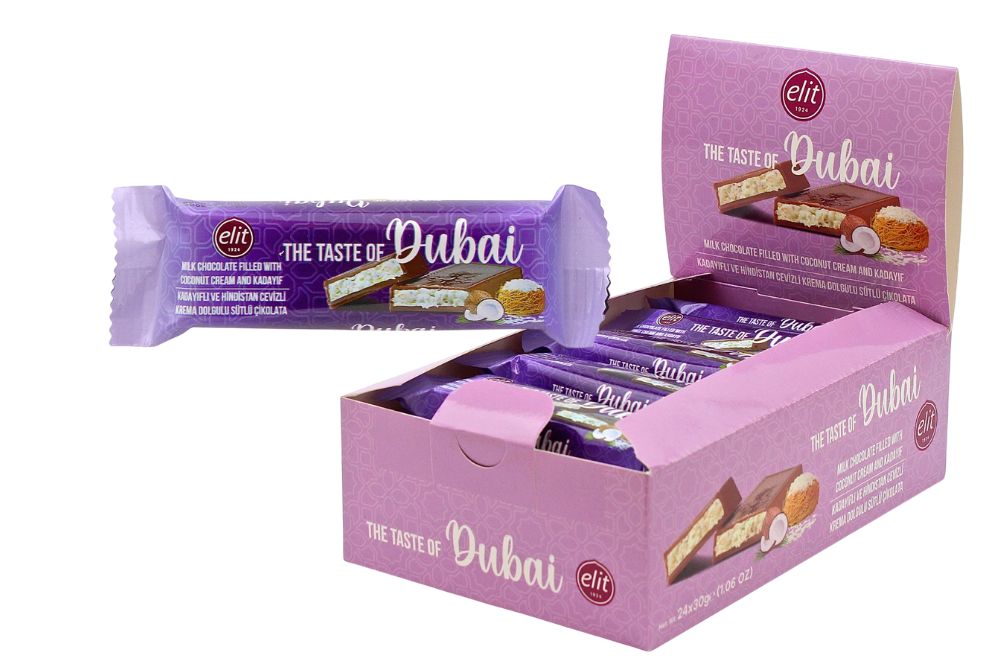 Elit Coconut Dubai Chocolate 30g espositore banco 24 pezzi vendita all'ingrosso