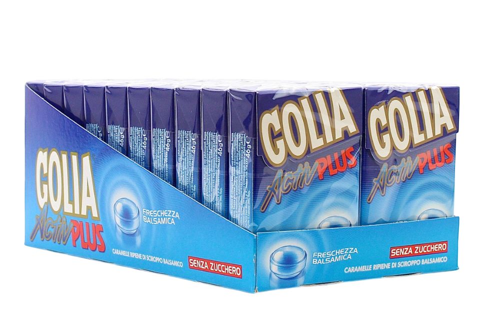 Golia Activ Plus Freschezza Balsamica caramelle senza zucchero ripiene di sciroppo balsamico in vendita all’ingrosso in espositore da 20 astucci