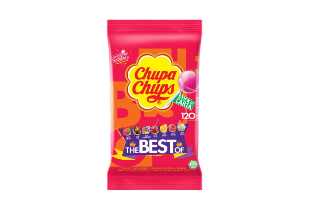 The Best Of 120 Chupa Chups fragola, ciliegia, arancia, lampone, vaniglia, cola e panna-fragola in una pratica busta da 120 pezzi ingrosso online